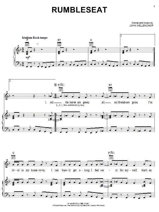 John Mellencamp Rumbleseat Sheet Music Notes & Chords for Piano, Vocal & Guitar (Right-Hand Melody) - Download or Print PDF