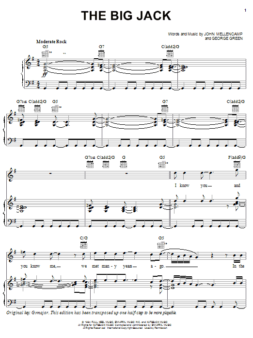 John Mellencamp The Big Jack Sheet Music Notes & Chords for Piano, Vocal & Guitar (Right-Hand Melody) - Download or Print PDF