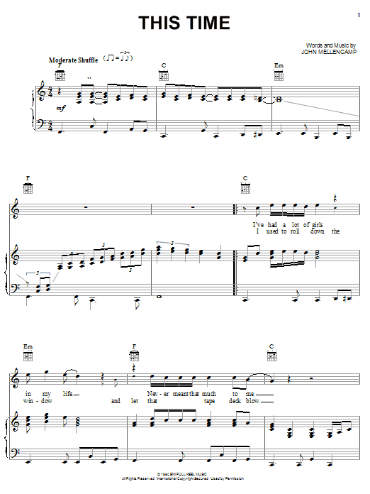 John Mellencamp This Time Sheet Music Notes & Chords for Piano, Vocal & Guitar (Right-Hand Melody) - Download or Print PDF