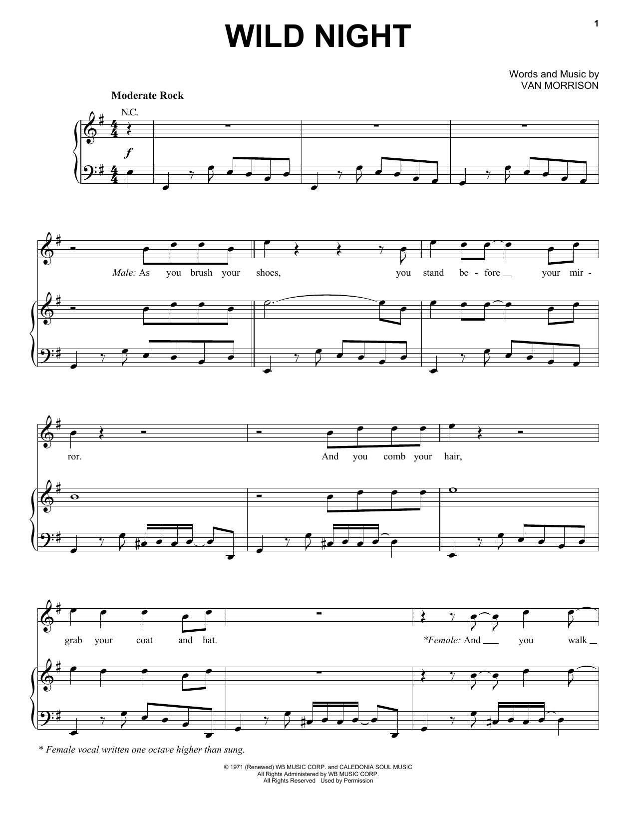 John Mellencamp Wild Night Sheet Music Notes & Chords for Piano, Vocal & Guitar (Right-Hand Melody) - Download or Print PDF