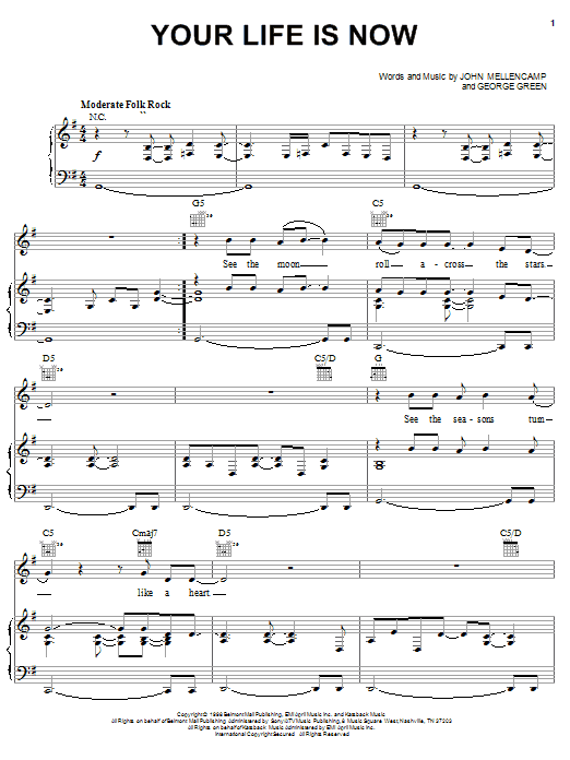 John Mellencamp Your Life Is Now Sheet Music Notes & Chords for Piano, Vocal & Guitar (Right-Hand Melody) - Download or Print PDF