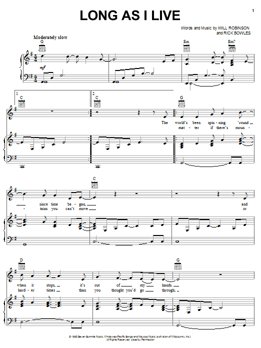 John Michael Montgomery Long As I Live Sheet Music Notes & Chords for Piano, Vocal & Guitar (Right-Hand Melody) - Download or Print PDF