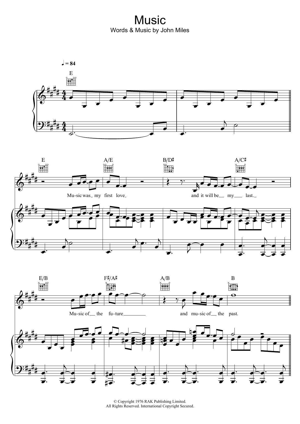 John Miles Music Sheet Music Notes & Chords for Piano, Vocal & Guitar (Right-Hand Melody) - Download or Print PDF