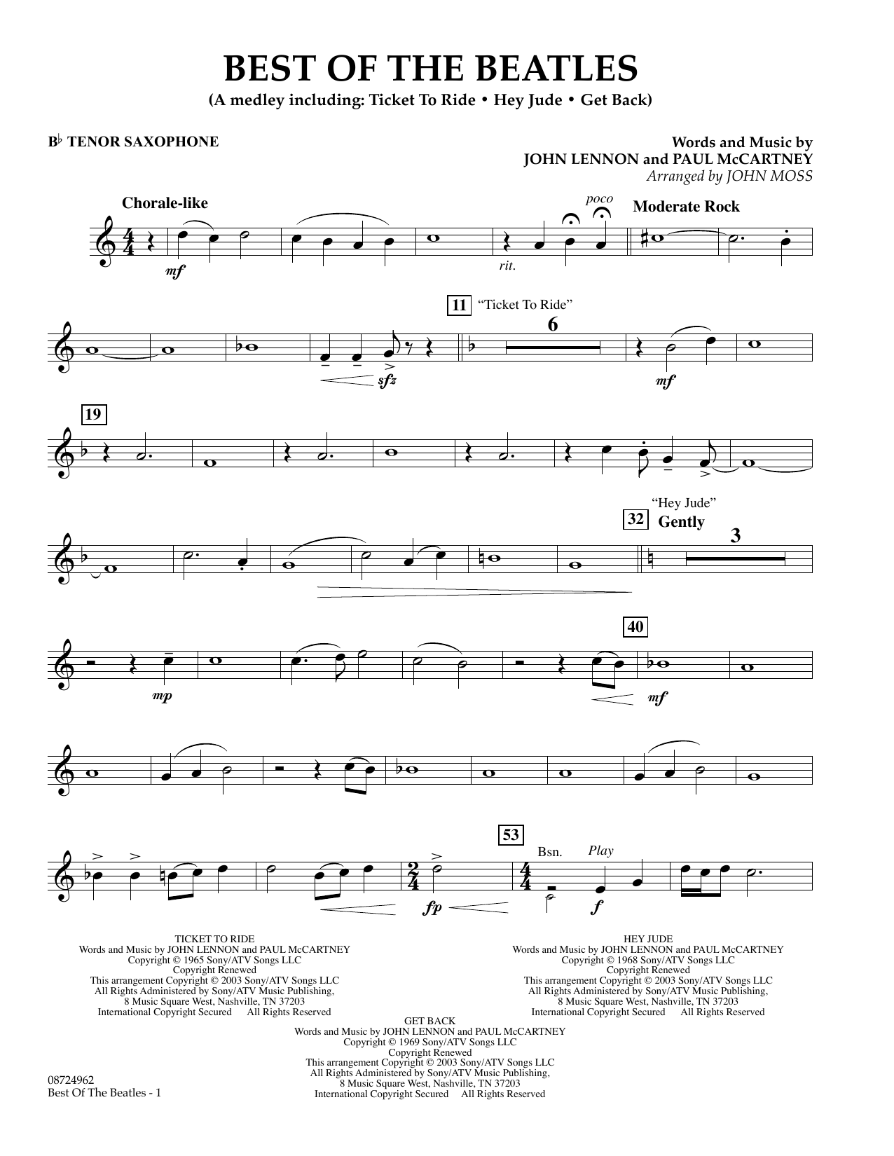 John Moss Best of the Beatles - Bb Tenor Saxophone Sheet Music Notes & Chords for Concert Band - Download or Print PDF