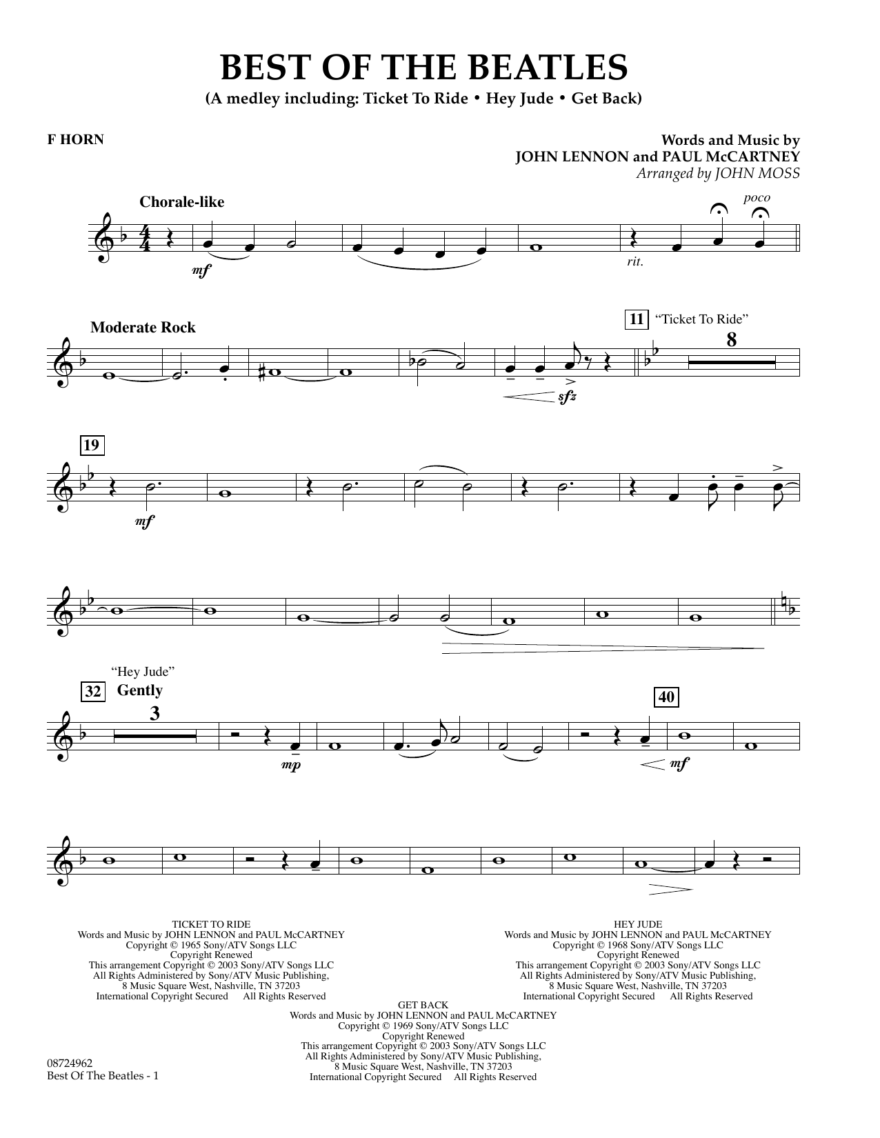 John Moss Best of the Beatles - F Horn Sheet Music Notes & Chords for Concert Band - Download or Print PDF