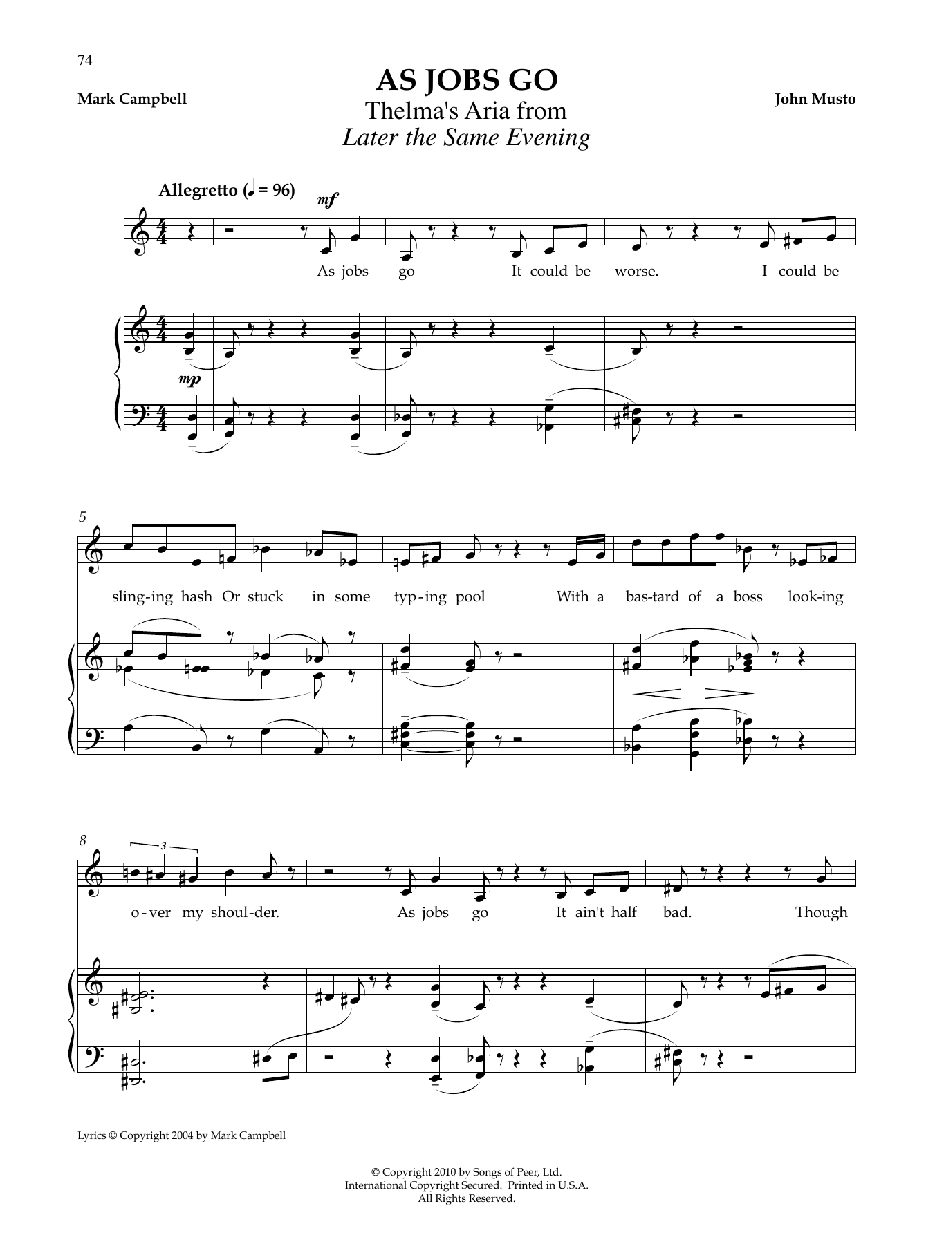 John Musto As Jobs Go Sheet Music Notes & Chords for Piano & Vocal - Download or Print PDF