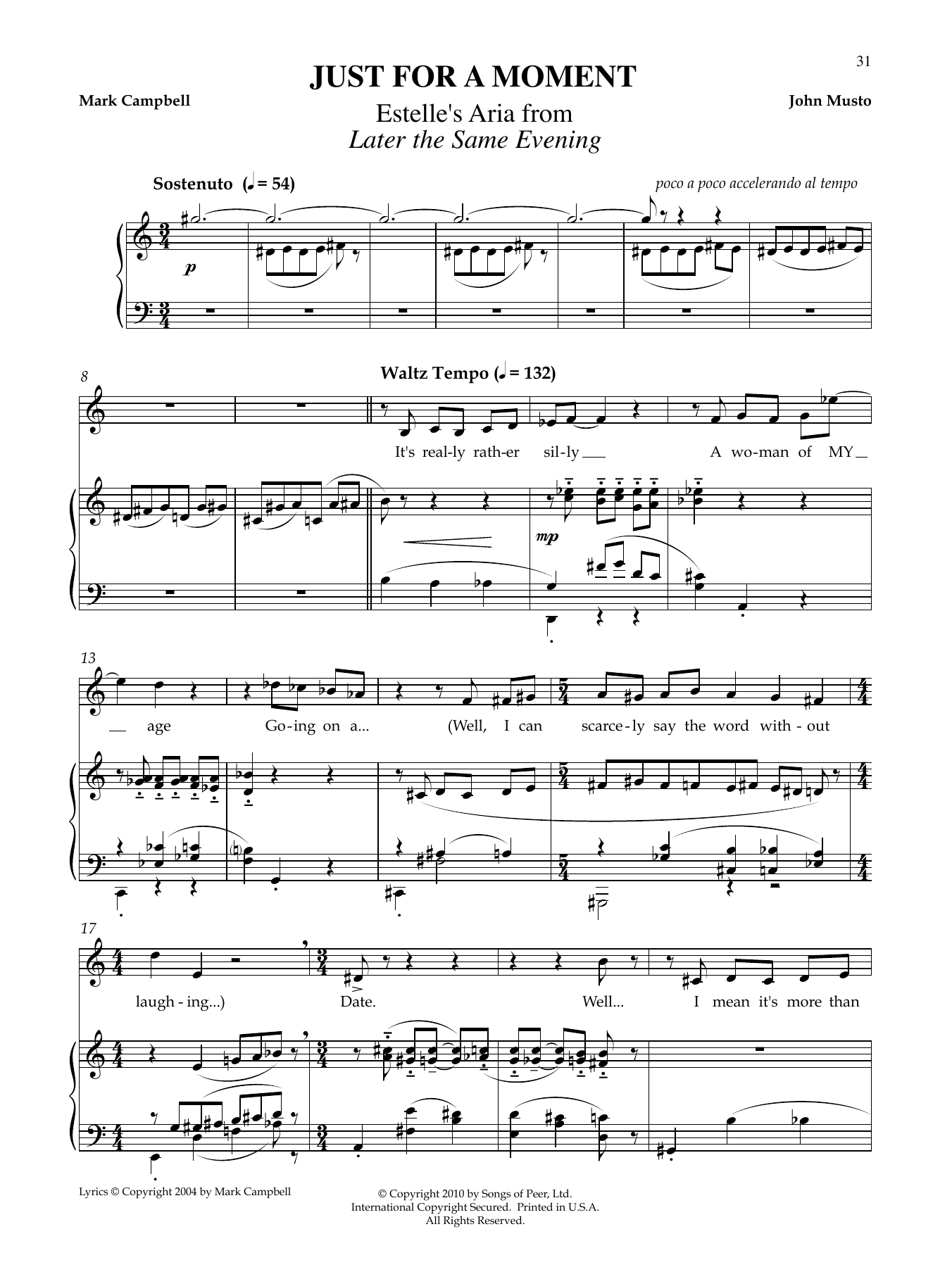 John Musto Just For A Moment Sheet Music Notes & Chords for Piano & Vocal - Download or Print PDF