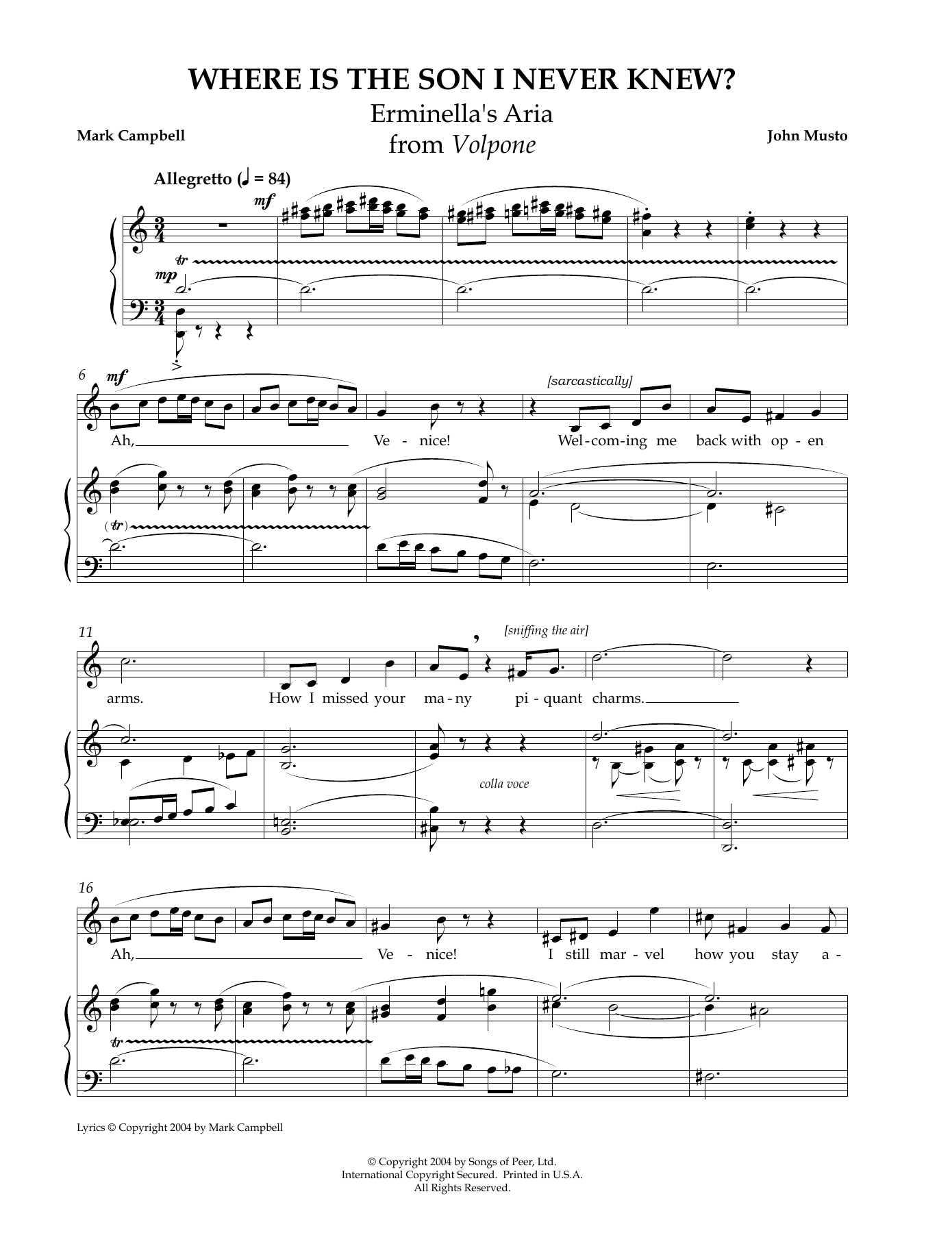 John Musto Where Is the Son I Never Knew? Sheet Music Notes & Chords for Piano & Vocal - Download or Print PDF