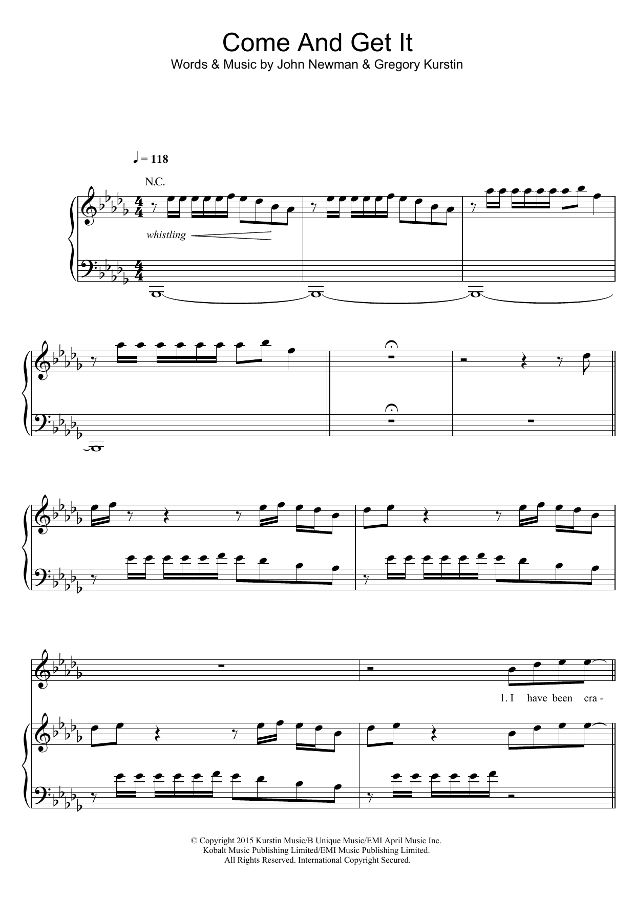 John Newman Come And Get It Sheet Music Notes & Chords for Piano, Vocal & Guitar (Right-Hand Melody) - Download or Print PDF