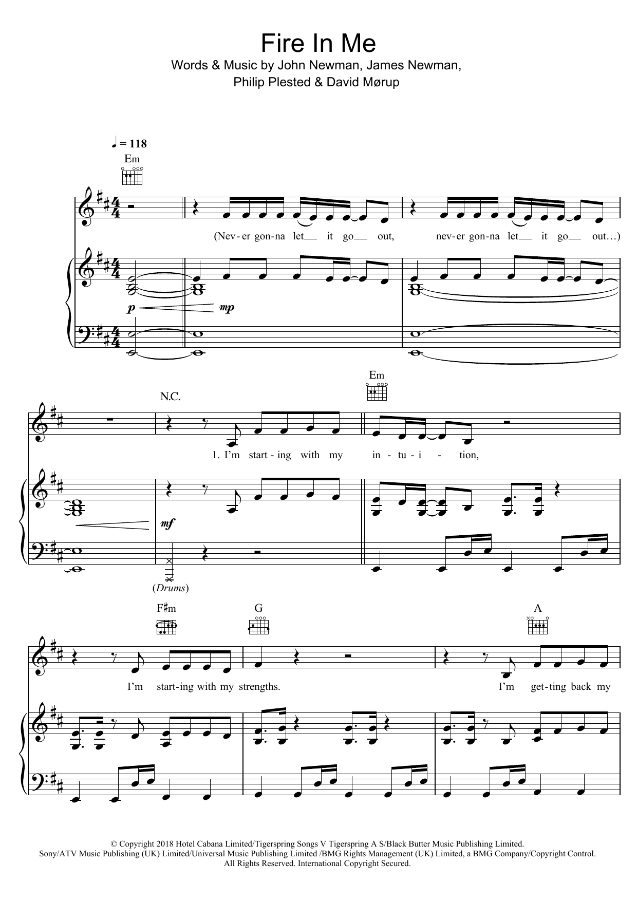 John Newman Fire In Me Sheet Music Notes & Chords for Piano, Vocal & Guitar (Right-Hand Melody) - Download or Print PDF