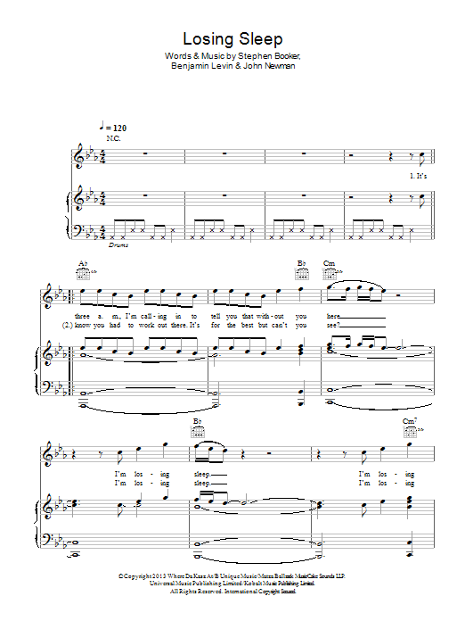 John Newman Losing Sleep Sheet Music Notes & Chords for Piano, Vocal & Guitar (Right-Hand Melody) - Download or Print PDF