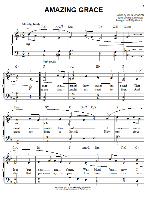 Traditional Amazing Grace Sheet Music Notes & Chords for Easy Piano - Download or Print PDF