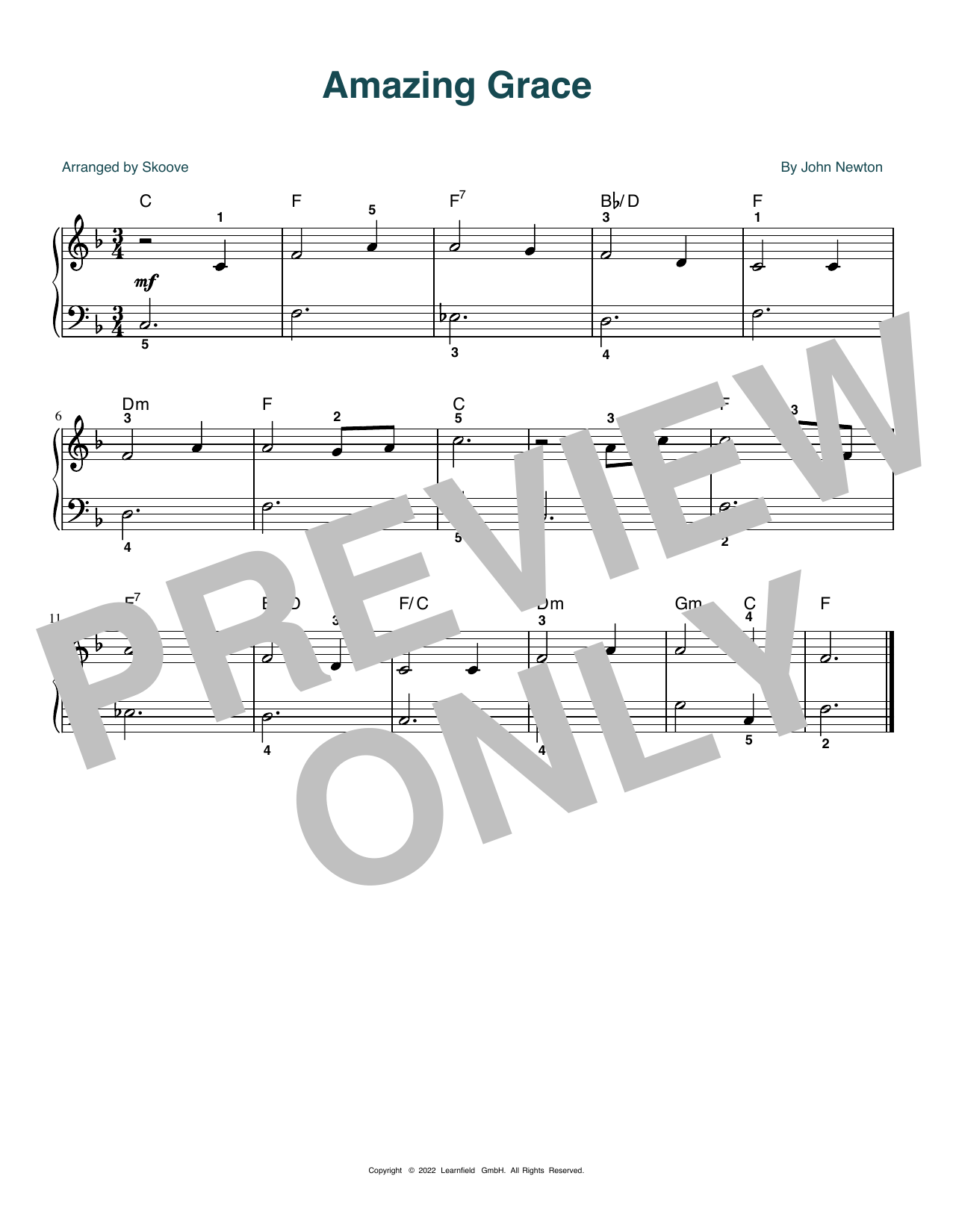 John Newton Amazing Grace (arr. Skoove) Sheet Music Notes & Chords for Easy Piano - Download or Print PDF
