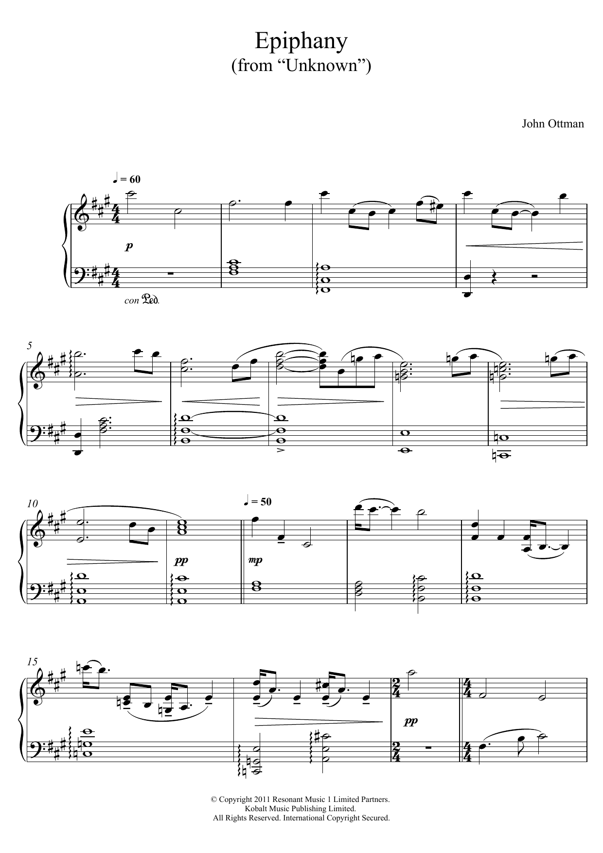 John Ottman Epiphany (From Unknown) Sheet Music Notes & Chords for Piano - Download or Print PDF