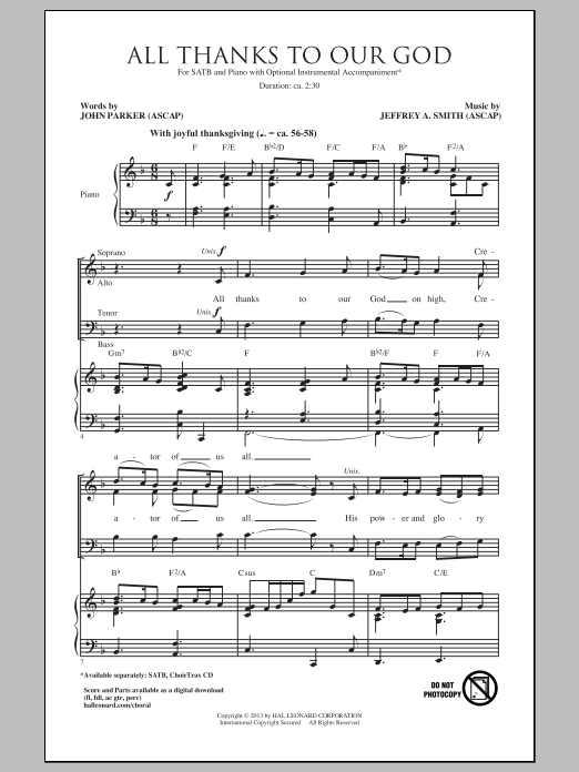 Jeffrey A. Smith All Thanks To Our God (arr. John Parker) Sheet Music Notes & Chords for SATB - Download or Print PDF