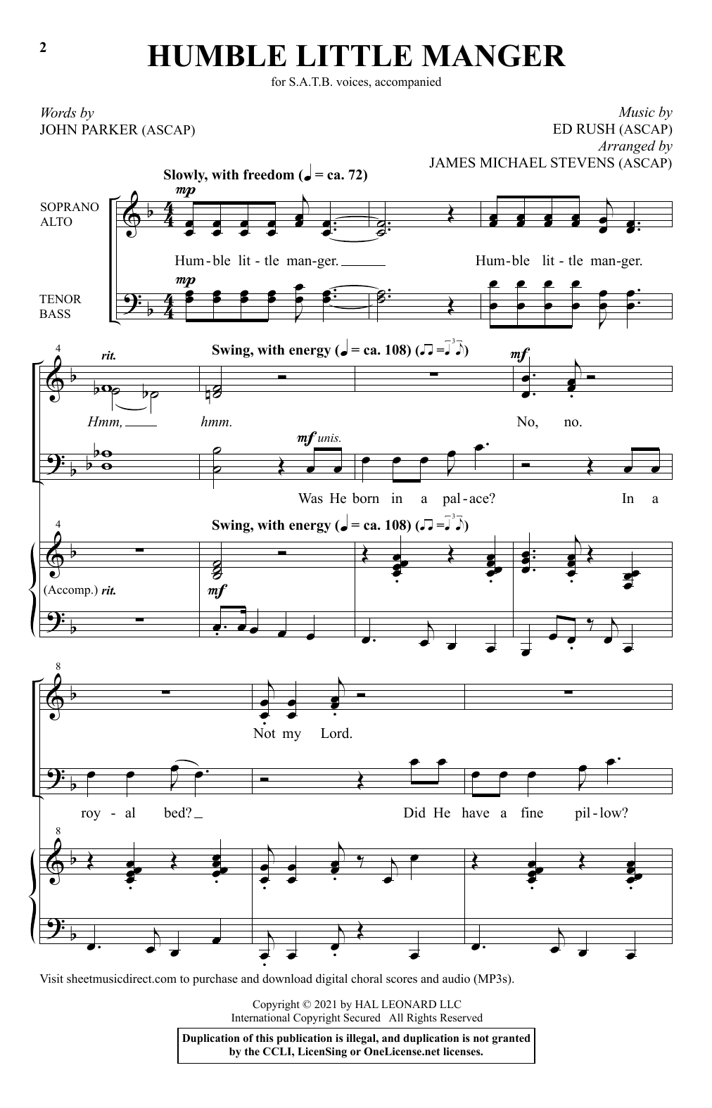 John Parker and Ed Rush Humble Little Manger (arr. James Michael Stevens) Sheet Music Notes & Chords for SATB Choir - Download or Print PDF