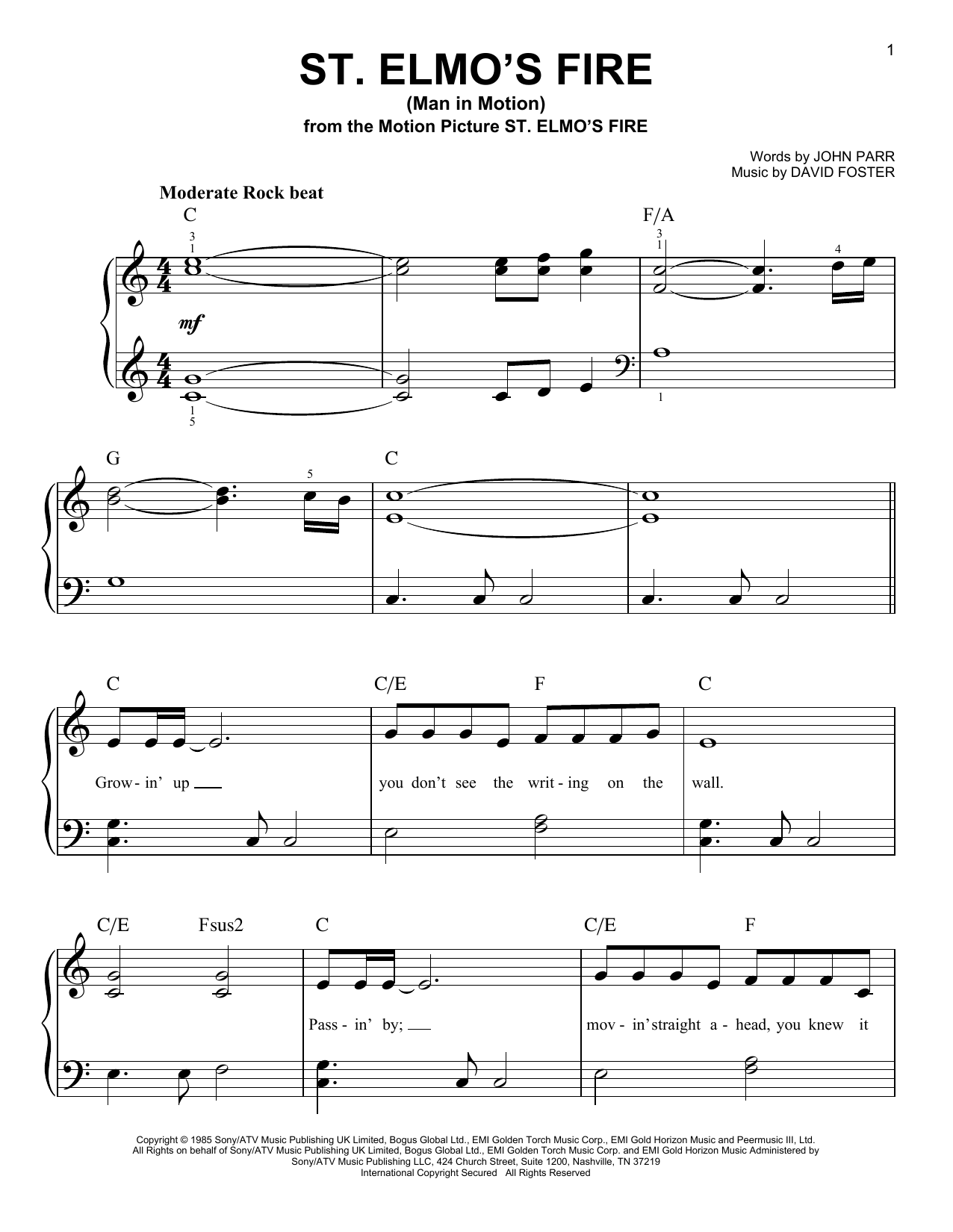 John Parr St. Elmo's Fire (Man In Motion) Sheet Music Notes & Chords for Easy Piano - Download or Print PDF