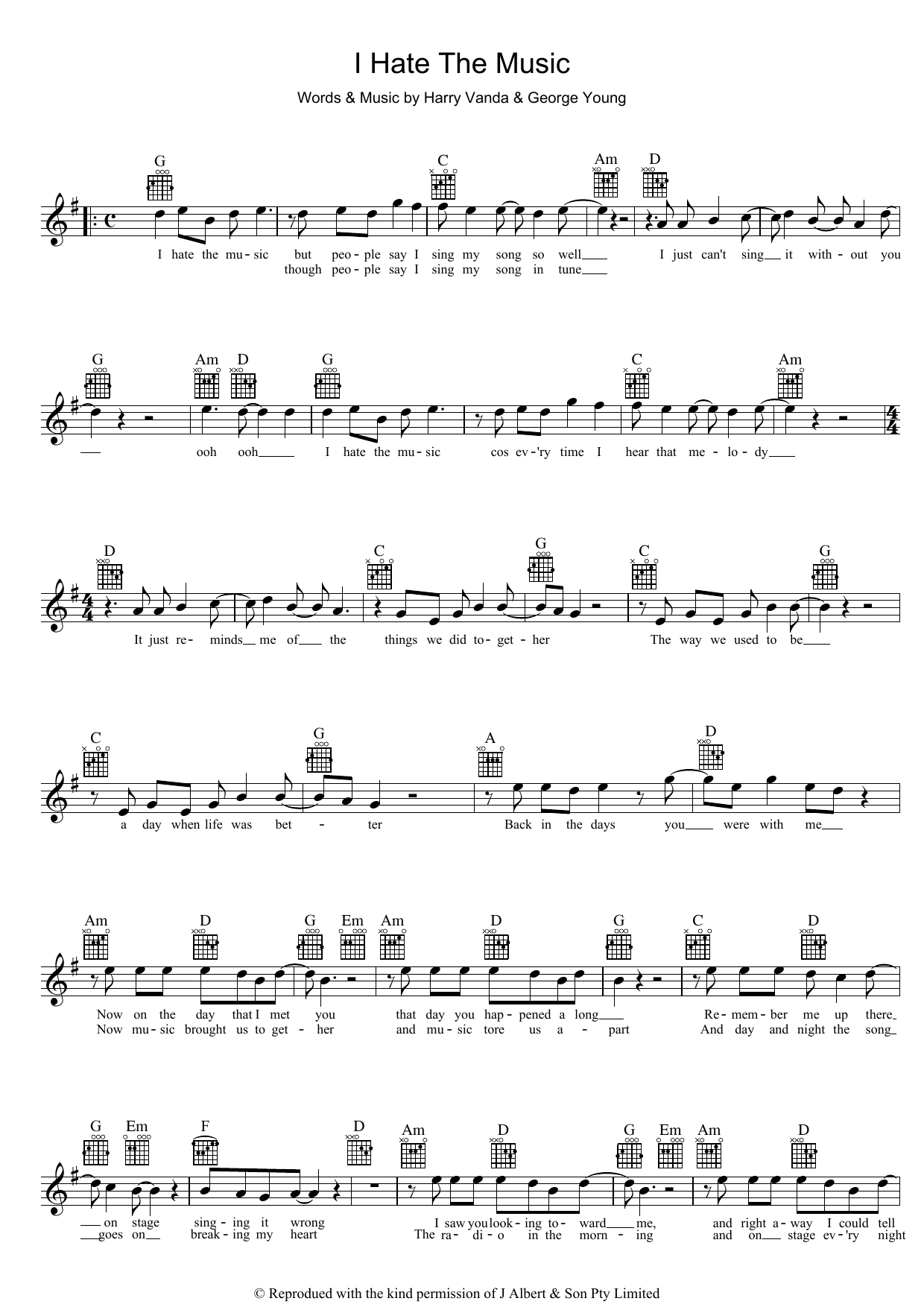 John Paul Young I Hate The Music Sheet Music Notes & Chords for Piano, Vocal & Guitar (Right-Hand Melody) - Download or Print PDF