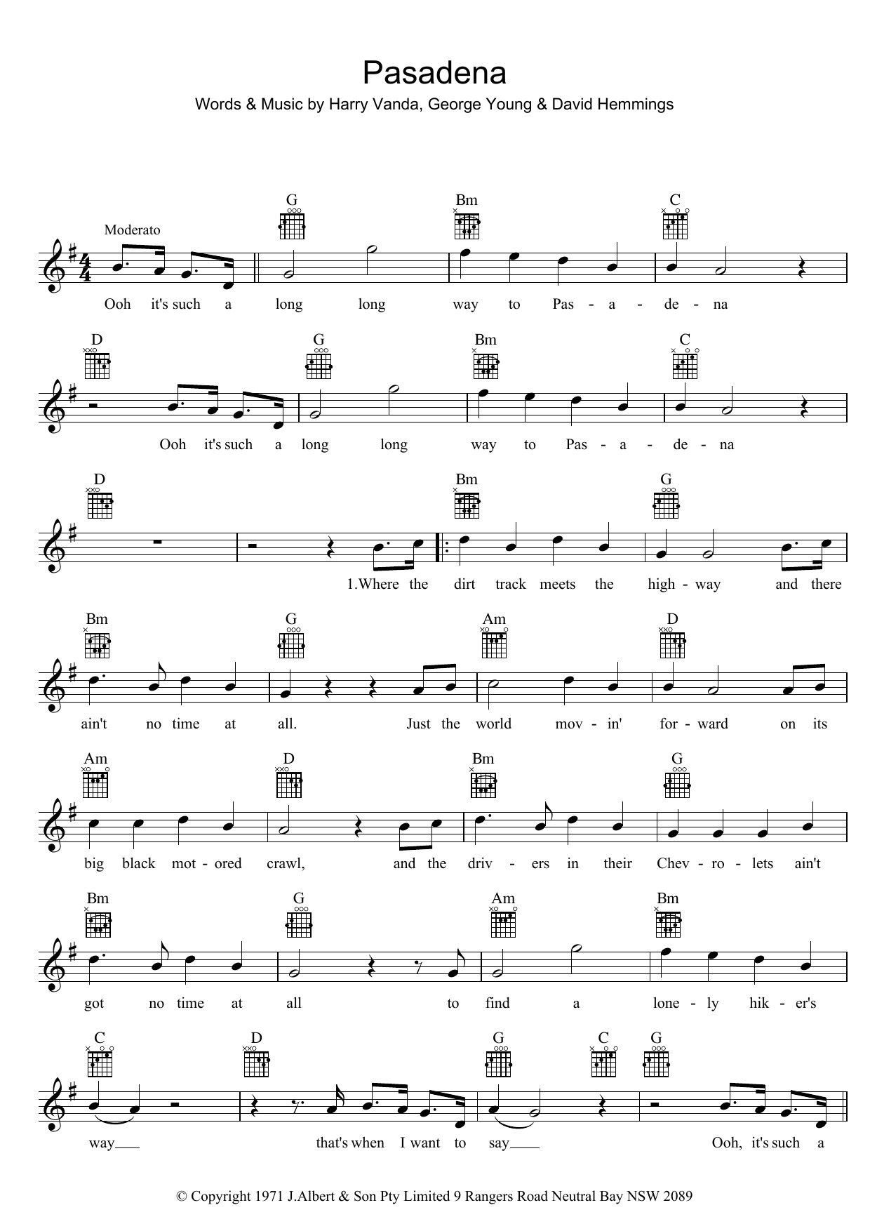 John Paul Young Pasadena Sheet Music Notes & Chords for Melody Line, Lyrics & Chords - Download or Print PDF