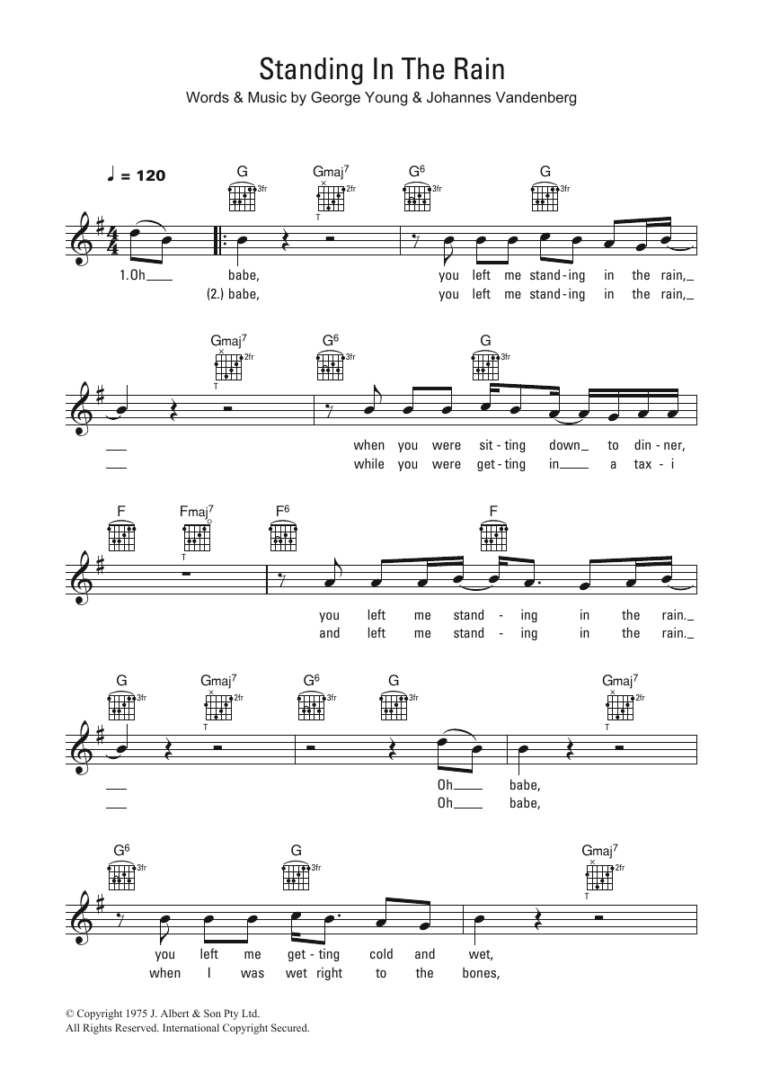 John Paul Young Standing In The Rain Sheet Music Notes & Chords for Melody Line, Lyrics & Chords - Download or Print PDF