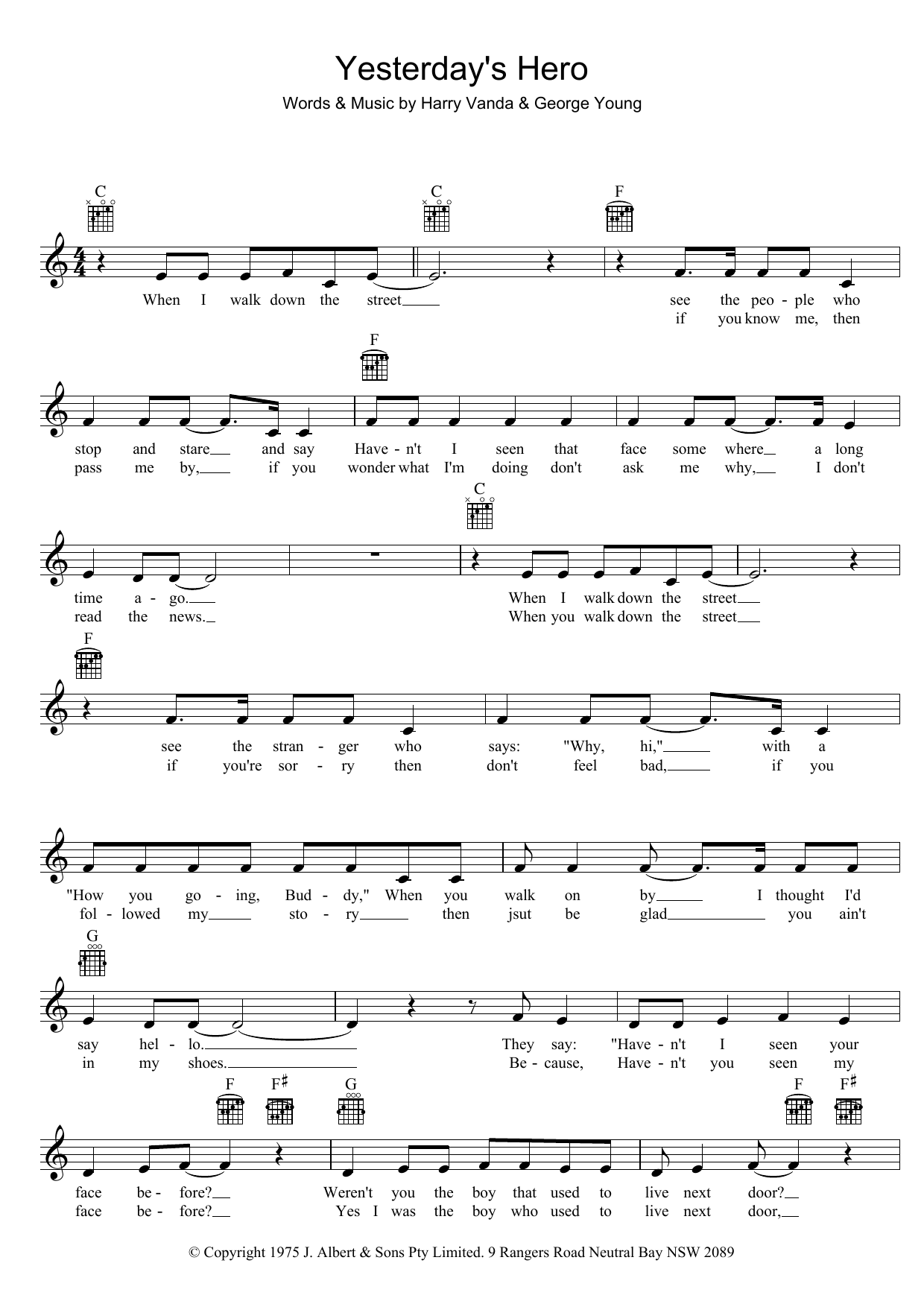 John Paul Young Yesterday's Hero Sheet Music Notes & Chords for Melody Line, Lyrics & Chords - Download or Print PDF