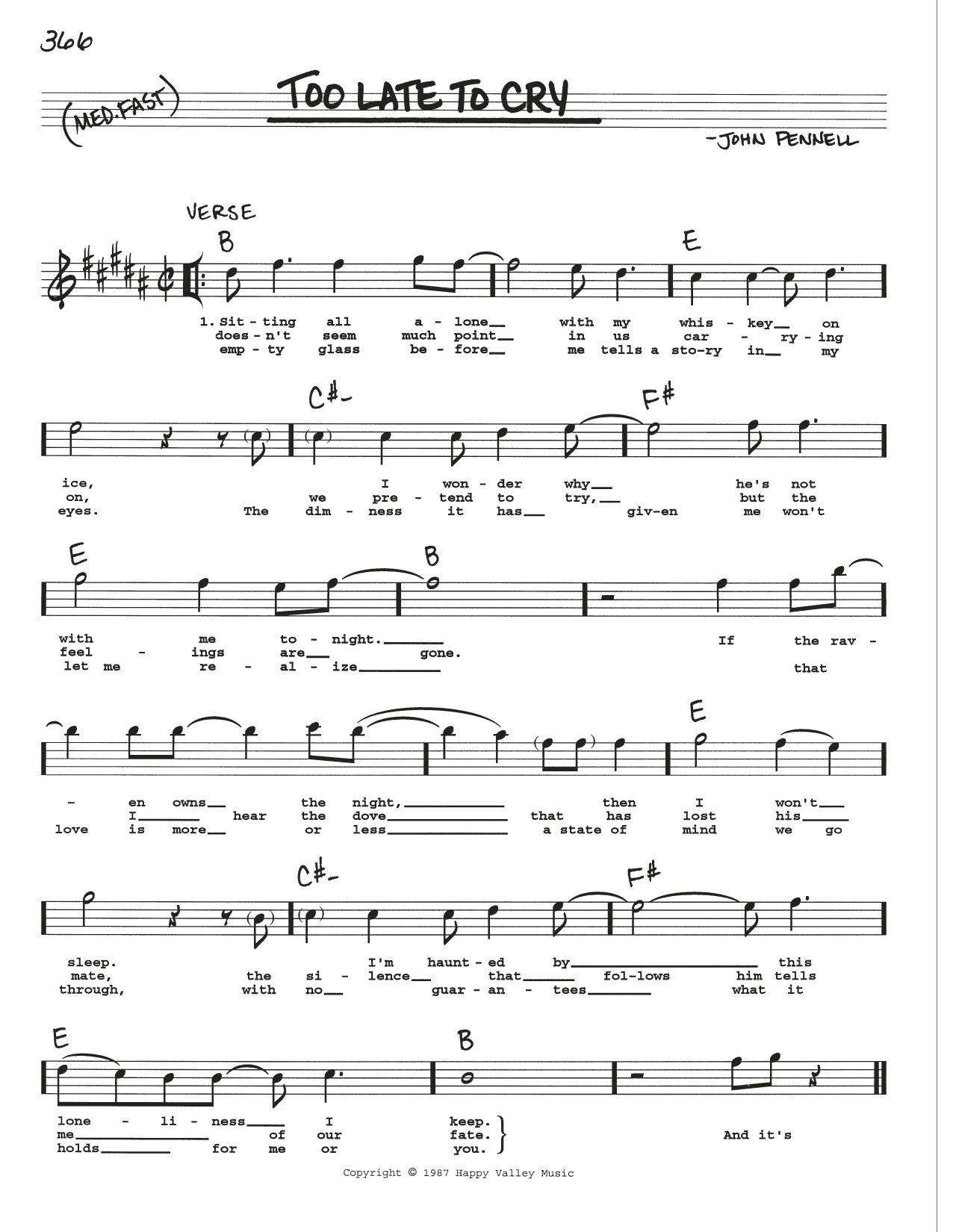 John Pennell Too Late To Cry Sheet Music Notes & Chords for Real Book – Melody, Lyrics & Chords - Download or Print PDF