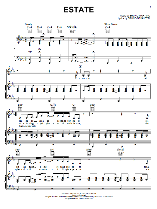 John Pizzarelli Estate Sheet Music Notes & Chords for Piano, Vocal & Guitar (Right-Hand Melody) - Download or Print PDF