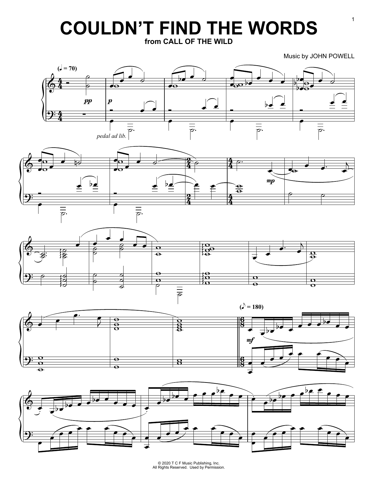 John Powell Couldn't Find The Words (from The Call Of The Wild) (arr. Batu Sener) Sheet Music Notes & Chords for Piano Solo - Download or Print PDF