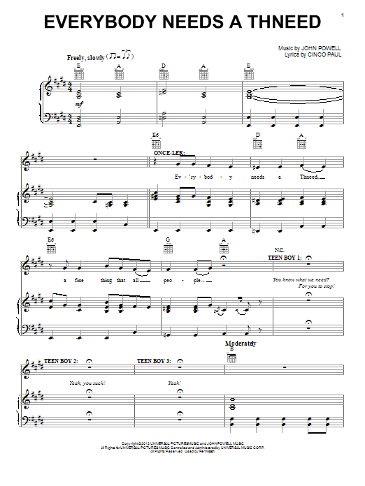 John Powell Everybody Needs A Thneed Sheet Music Notes & Chords for Piano, Vocal & Guitar (Right-Hand Melody) - Download or Print PDF