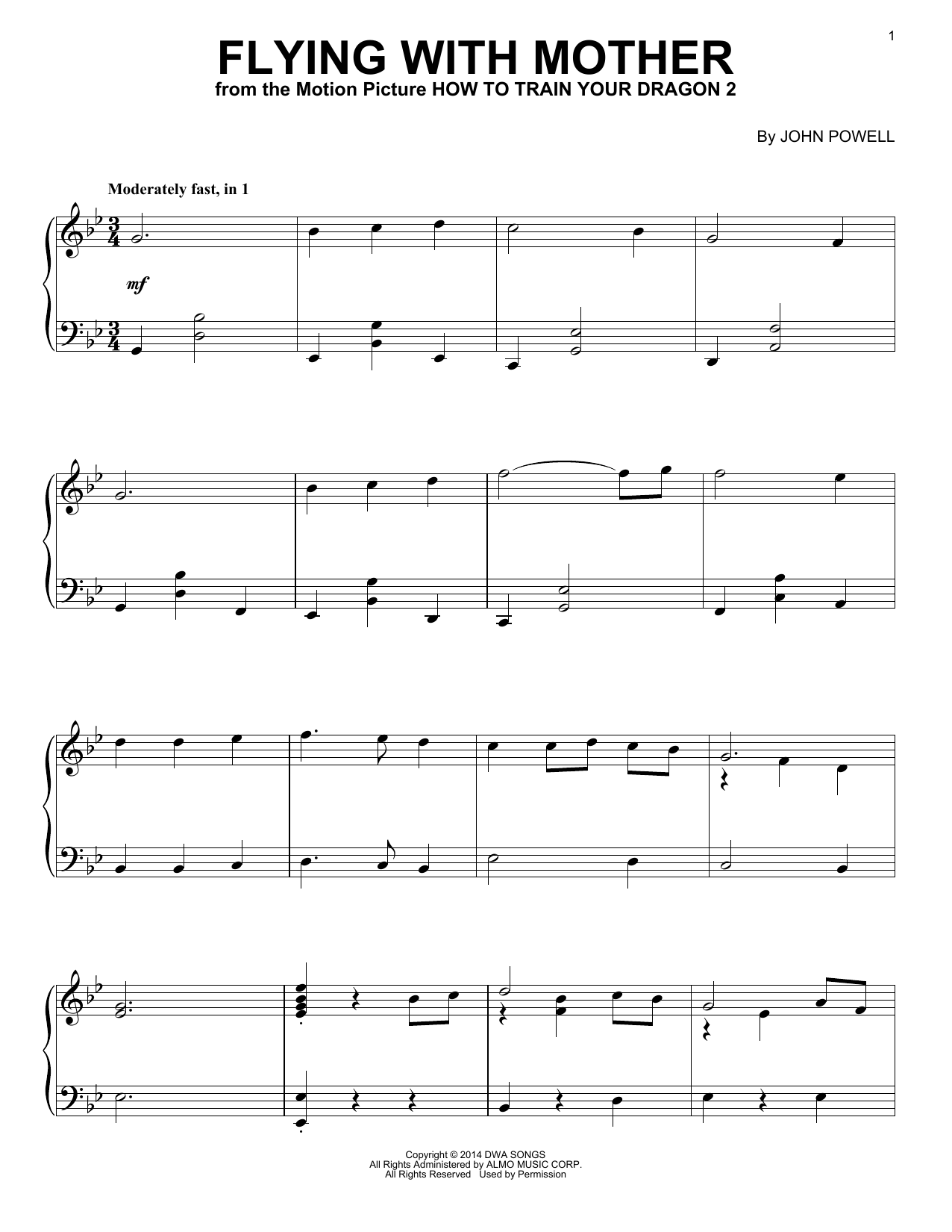 John Powell Flying With Mother (from How to Train Your Dragon 2) Sheet Music Notes & Chords for Piano - Download or Print PDF