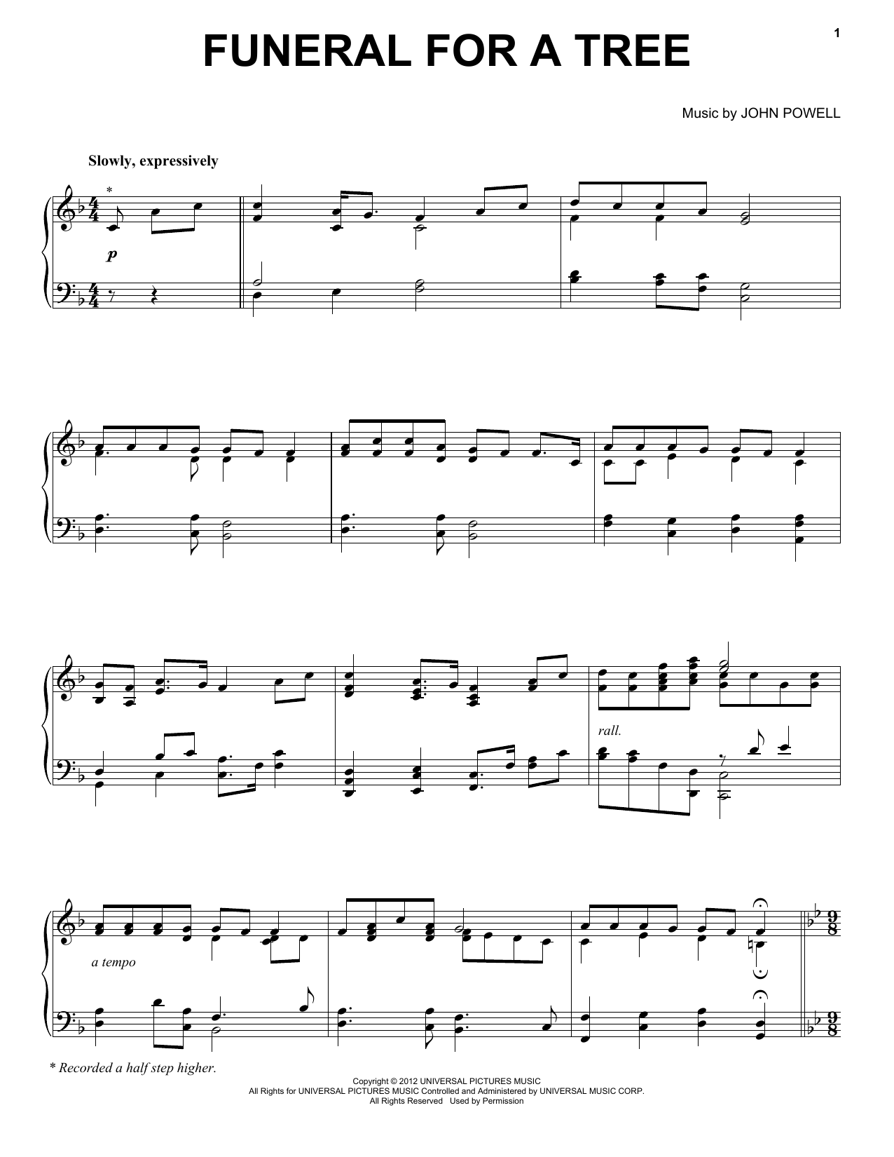 John Powell Funeral For A Tree Sheet Music Notes & Chords for Piano, Vocal & Guitar (Right-Hand Melody) - Download or Print PDF