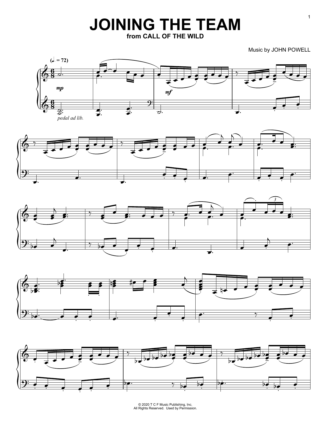 John Powell Joining The Team (from The Call Of The Wild) (arr. Batu Sener) Sheet Music Notes & Chords for Piano Solo - Download or Print PDF