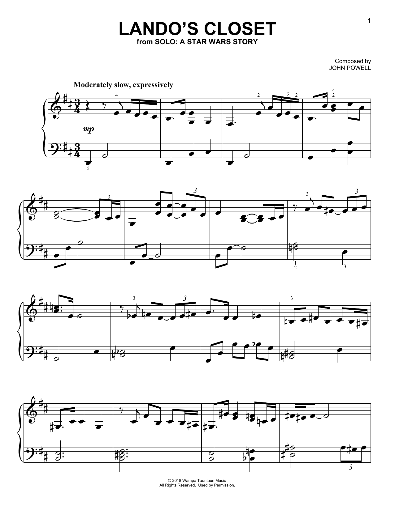 John Powell Lando's Closet (from Solo: A Star Wars Story) Sheet Music Notes & Chords for Easy Piano - Download or Print PDF