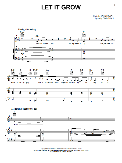 John Powell Let It Grow Sheet Music Notes & Chords for Piano, Vocal & Guitar (Right-Hand Melody) - Download or Print PDF