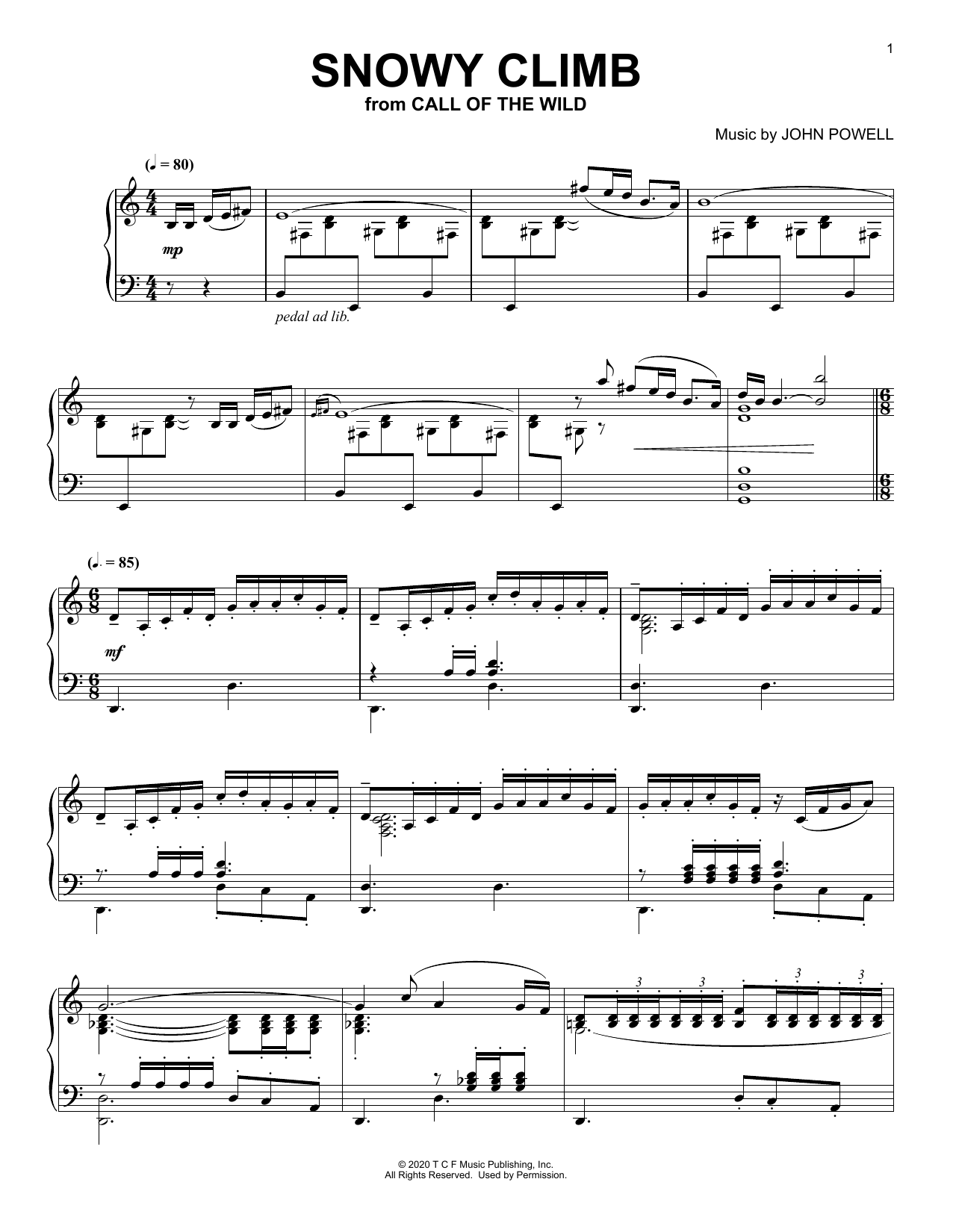 John Powell Snowy Climb (from The Call Of The Wild) (arr. Batu Sener) Sheet Music Notes & Chords for Piano Solo - Download or Print PDF