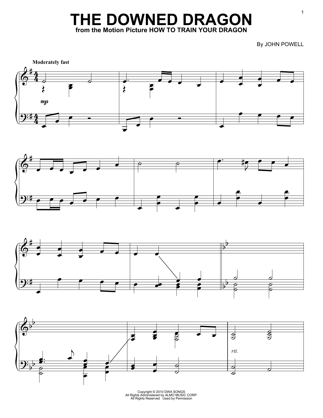 John Powell The Downed Dragon (from How to Train Your Dragon) Sheet Music Notes & Chords for Piano - Download or Print PDF