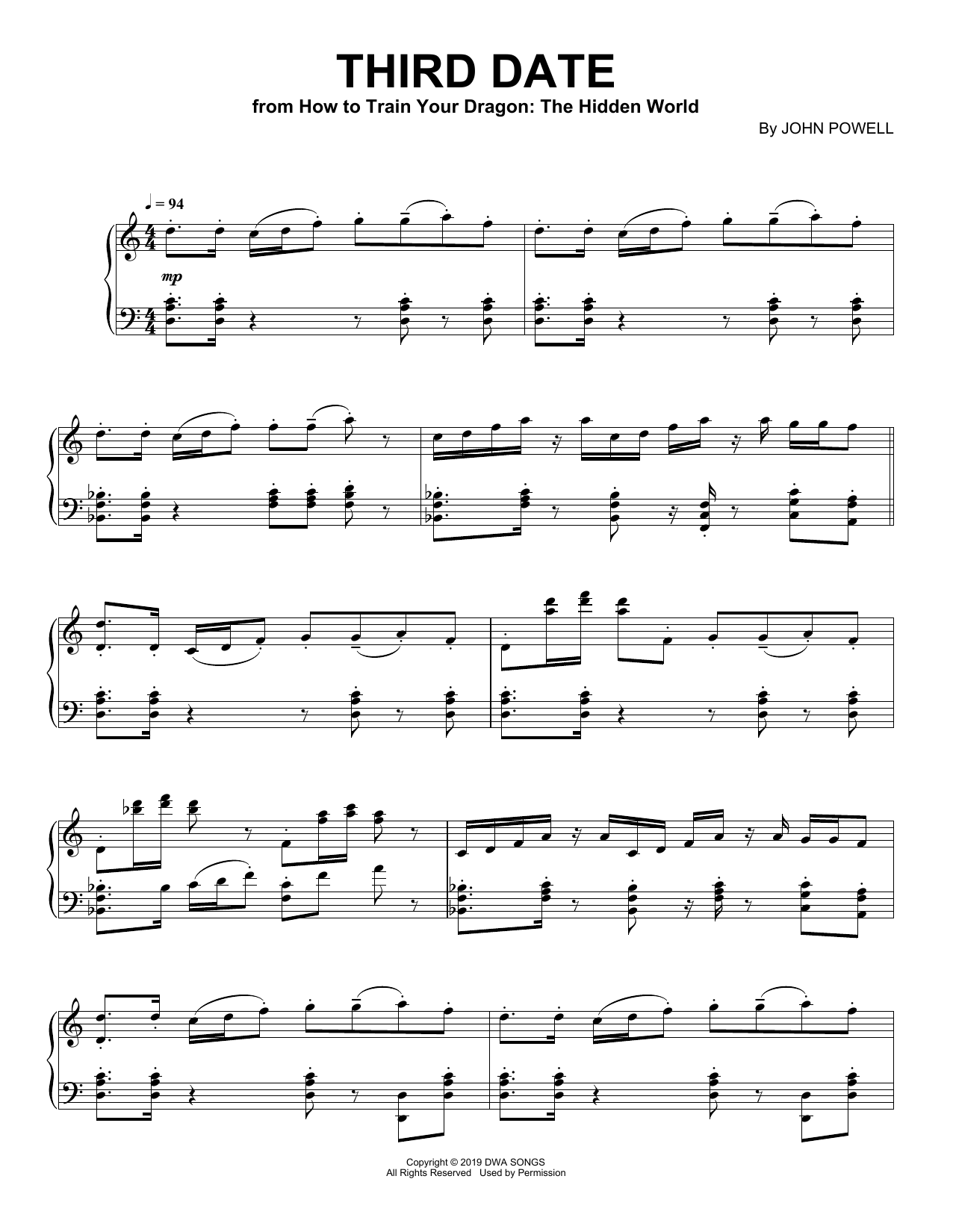 John Powell Third Date (from How to Train Your Dragon: The Hidden World) Sheet Music Notes & Chords for Piano Solo - Download or Print PDF