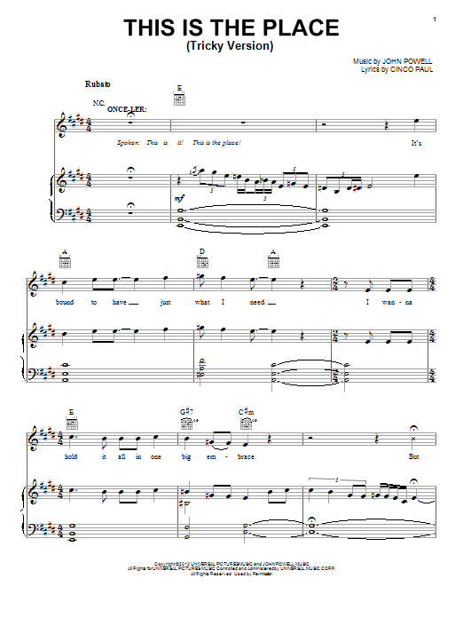 John Powell This Is The Place (Tricky Version) Sheet Music Notes & Chords for Piano, Vocal & Guitar (Right-Hand Melody) - Download or Print PDF