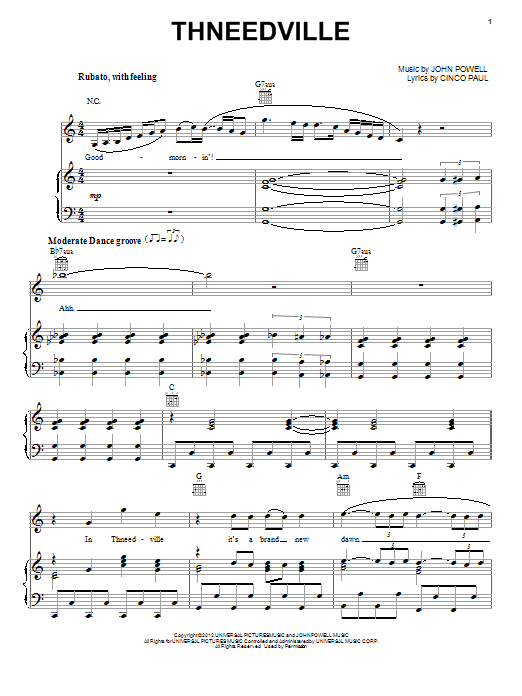 John Powell Thneedville Sheet Music Notes & Chords for Piano, Vocal & Guitar (Right-Hand Melody) - Download or Print PDF