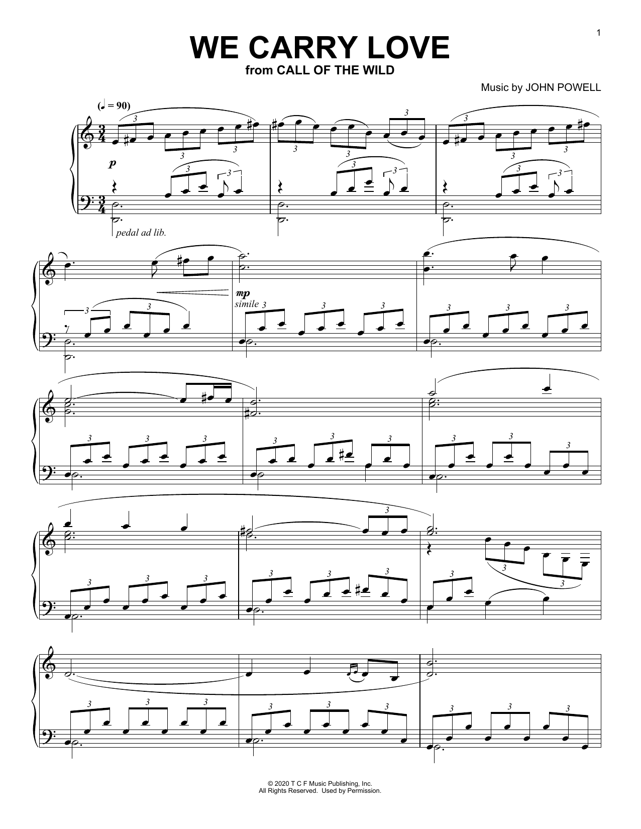 John Powell We Carry Love (from The Call Of The Wild) (arr. Batu Sener) Sheet Music Notes & Chords for Piano Solo - Download or Print PDF