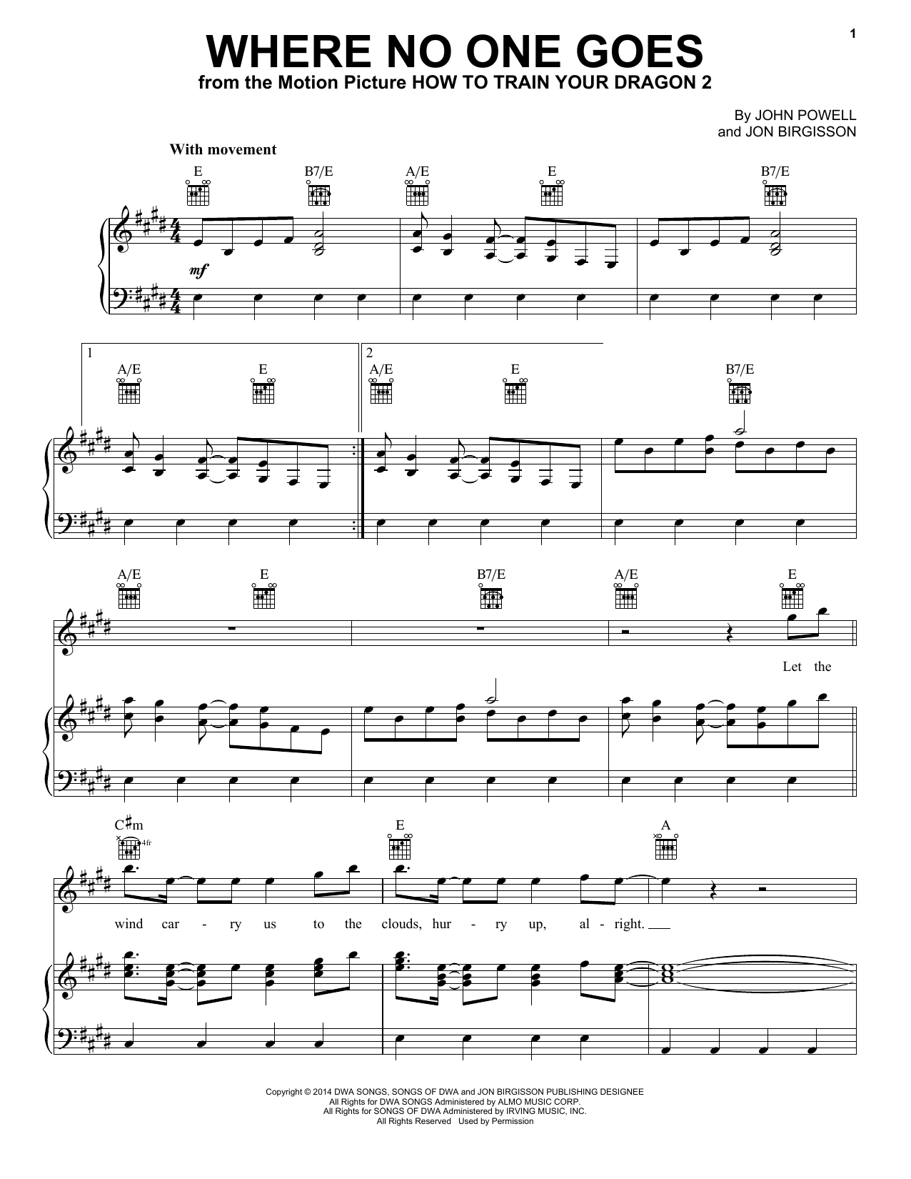 John Powell Where No One Goes (from How to Train Your Dragon 2) Sheet Music Notes & Chords for Piano, Vocal & Guitar (Right-Hand Melody) - Download or Print PDF