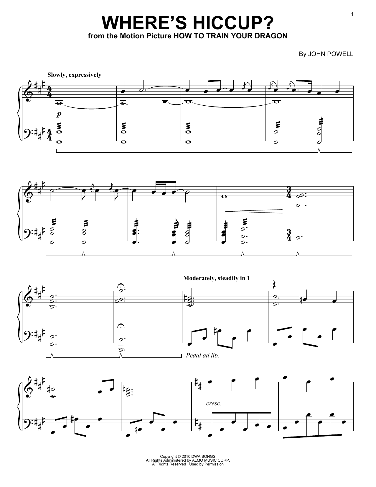 John Powell Where's Hiccup? (from How to Train Your Dragon) Sheet Music Notes & Chords for Piano - Download or Print PDF