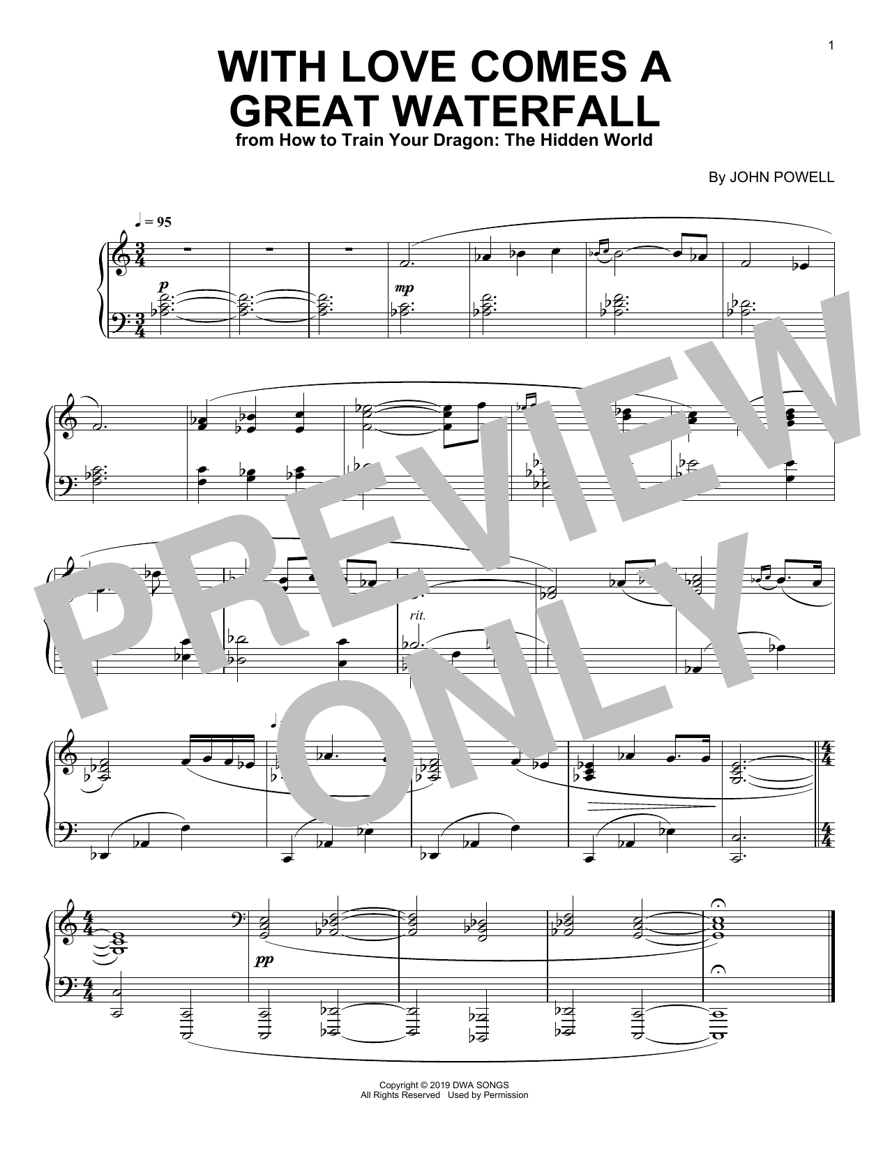 John Powell With Love Comes A Great Waterfall (from How to Train Your Dragon: The Hidden World) Sheet Music Notes & Chords for Piano Solo - Download or Print PDF