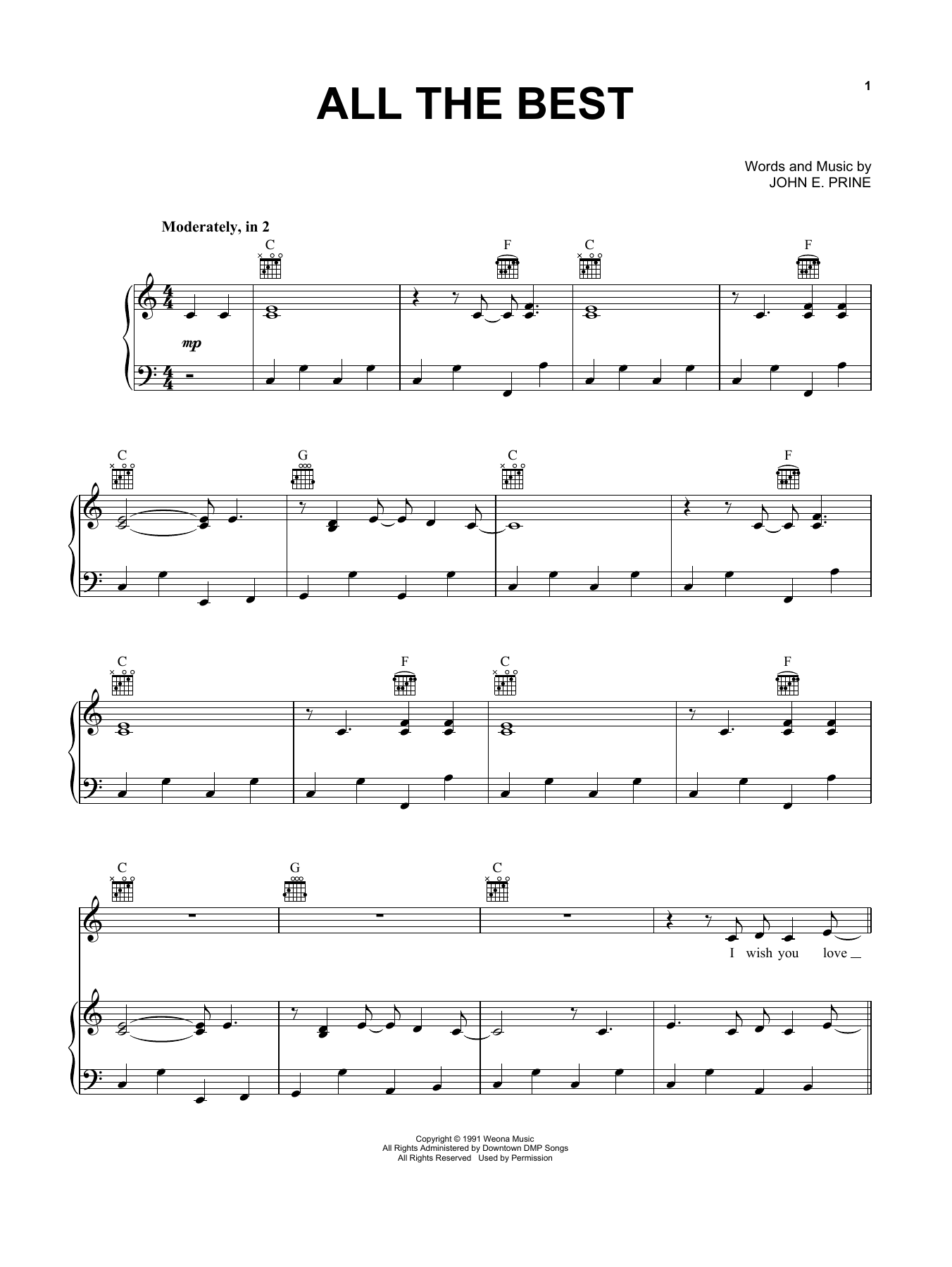 John Prine All The Best Sheet Music Notes & Chords for Piano, Vocal & Guitar (Right-Hand Melody) - Download or Print PDF