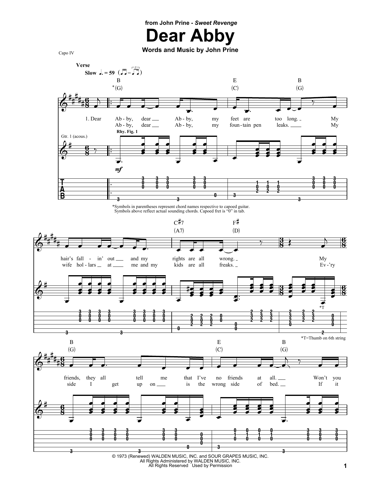 John Prine Dear Abby Sheet Music Notes & Chords for Guitar Tab Play-Along - Download or Print PDF