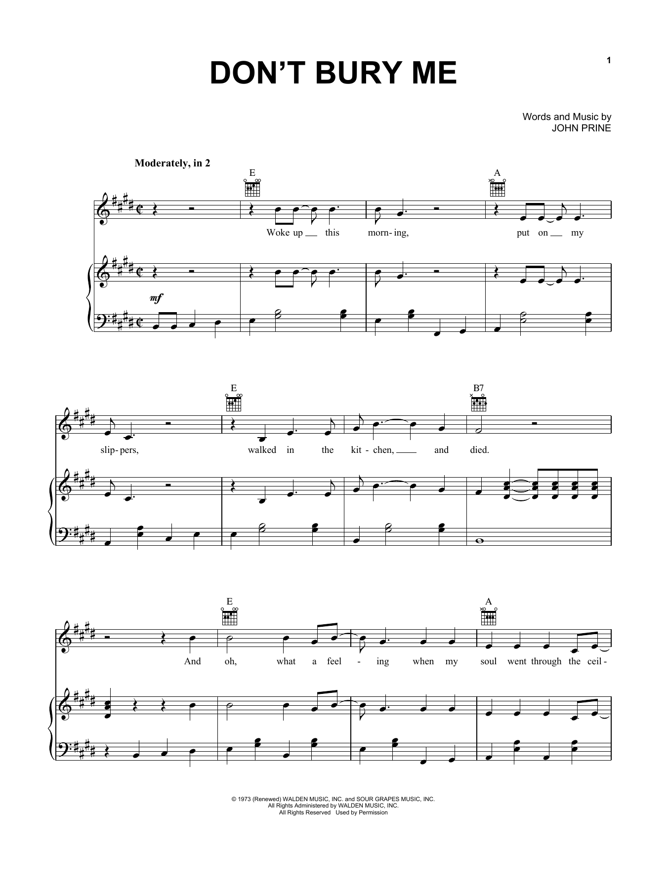 John Prine Don't Bury Me Sheet Music Notes & Chords for Piano, Vocal & Guitar (Right-Hand Melody) - Download or Print PDF