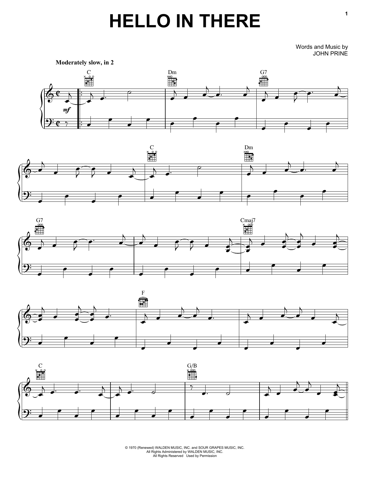 John Prine Hello In There Sheet Music Notes & Chords for Piano, Vocal & Guitar (Right-Hand Melody) - Download or Print PDF