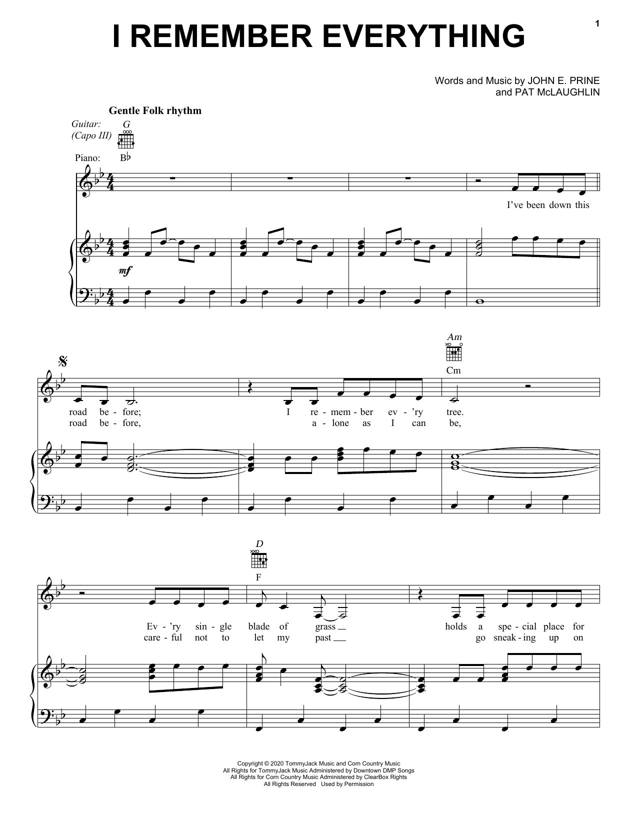 John Prine I Remember Everything Sheet Music Notes & Chords for Piano, Vocal & Guitar (Right-Hand Melody) - Download or Print PDF