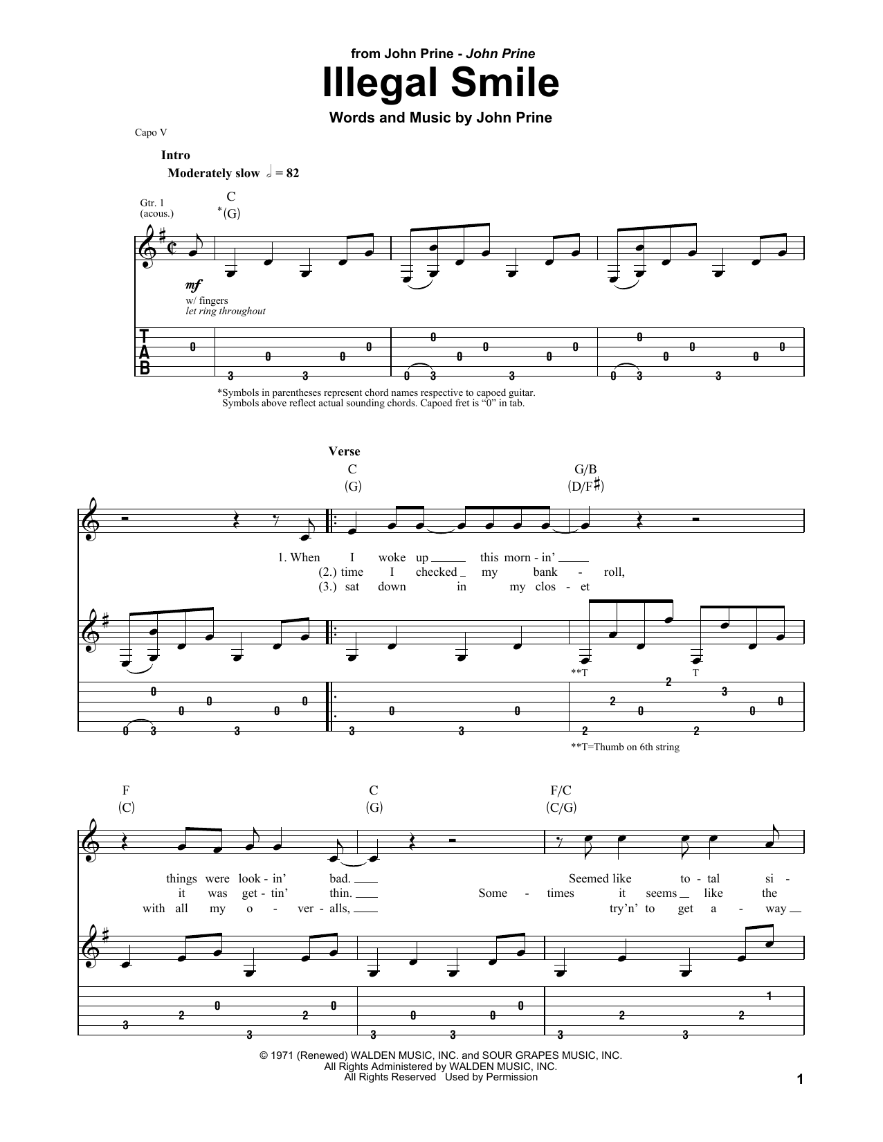 John Prine Illegal Smile Sheet Music Notes & Chords for Piano, Vocal & Guitar (Right-Hand Melody) - Download or Print PDF