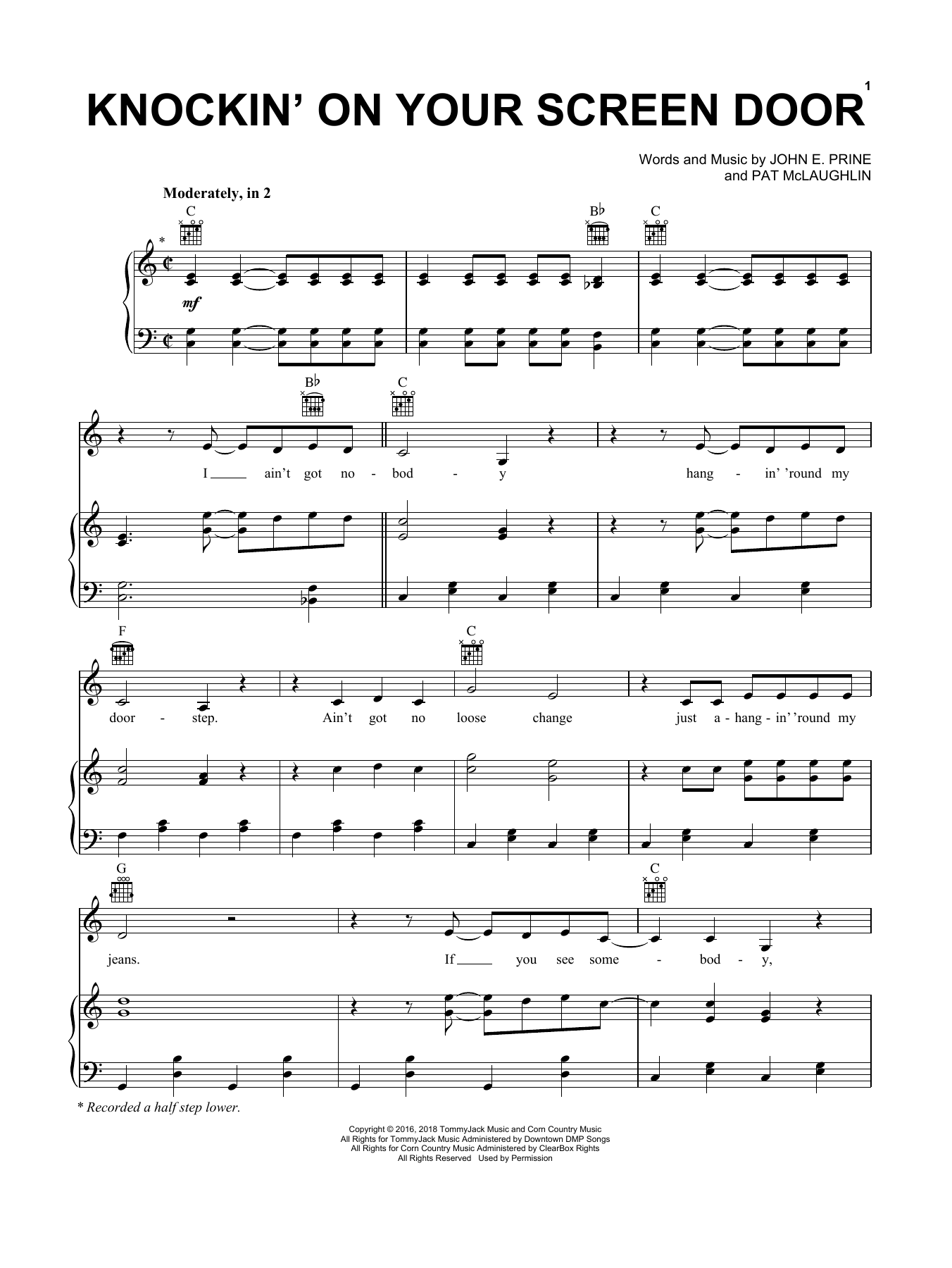 John Prine Knockin' On Your Screen Door Sheet Music Notes & Chords for Piano, Vocal & Guitar (Right-Hand Melody) - Download or Print PDF